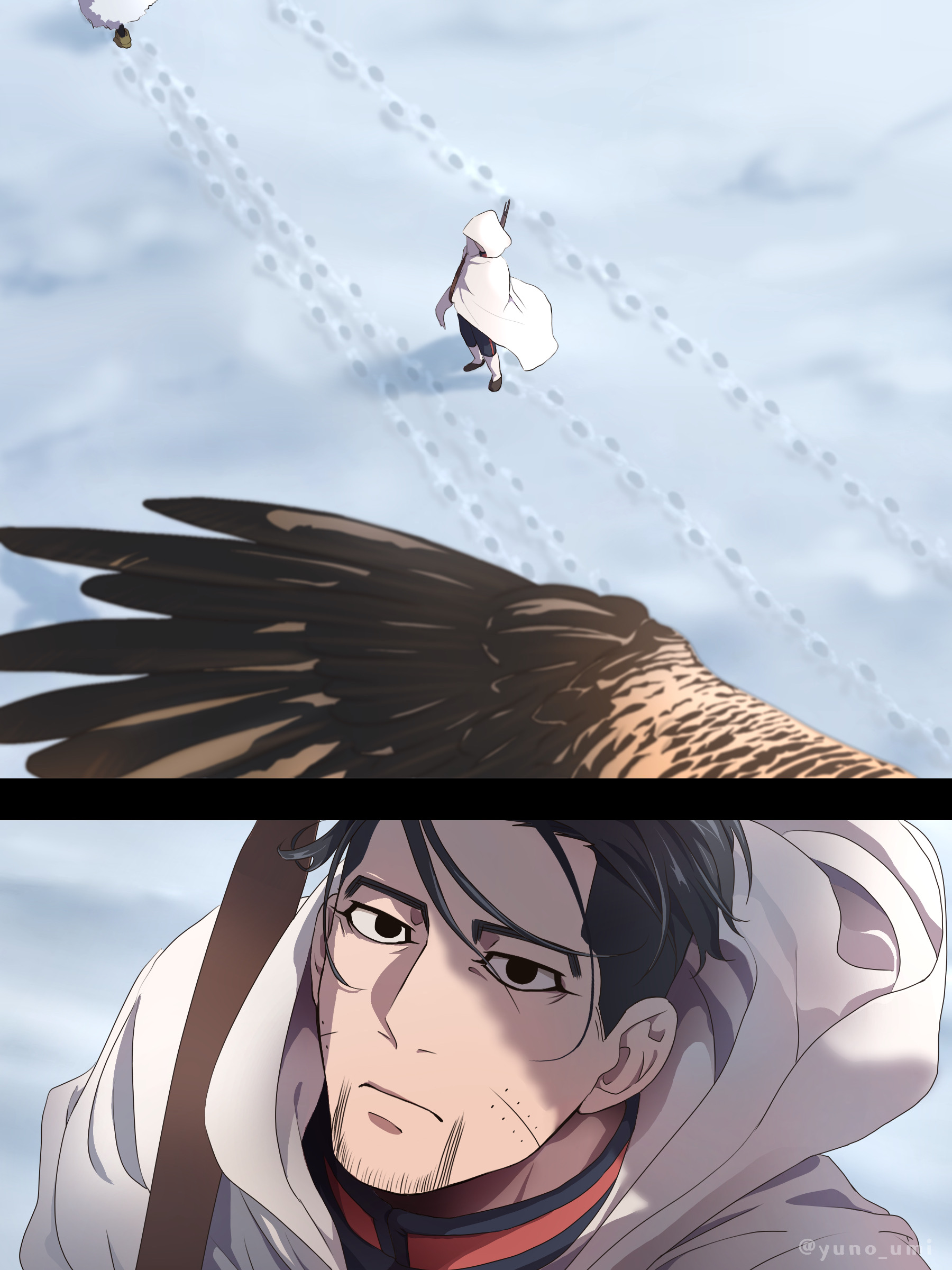 washiko (rasuko), ogata hyakunosuke, golden kamuy, absurdres, commentary request, highres, 1boy, bird, black eyes, black hair, cloak, closed mouth, facial hair, footprints, from above, goatee stubble, hawk, hood, hood up, hooded cloak, looking up, male focus, multiple views, snow, stubble, winter