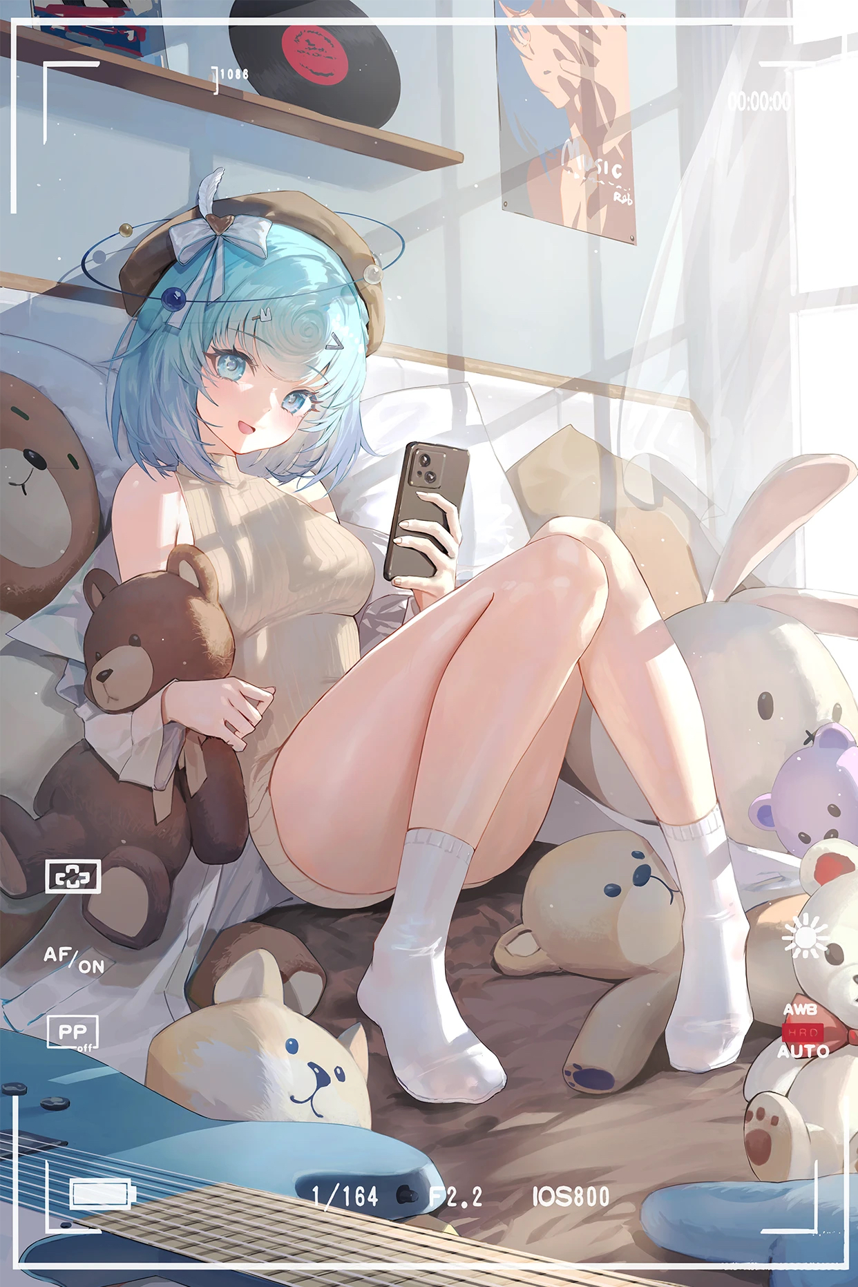 douya (yaomiaomiao), bekki (vtuber), sixiwanzi, commentary request, highres, official art, 1girl, battery indicator, beret, blue eyes, blue hair, blush, brown hat, cellphone, full body, guitar, hat, holding, holding phone, indoors, instrument, looking at viewer, on bed, open mouth, phone, short hair, sitting, socks, solo, stuffed animal, stuffed rabbit, stuffed toy, teddy bear, viewfinder, virtual youtuber, white socks, window shadow