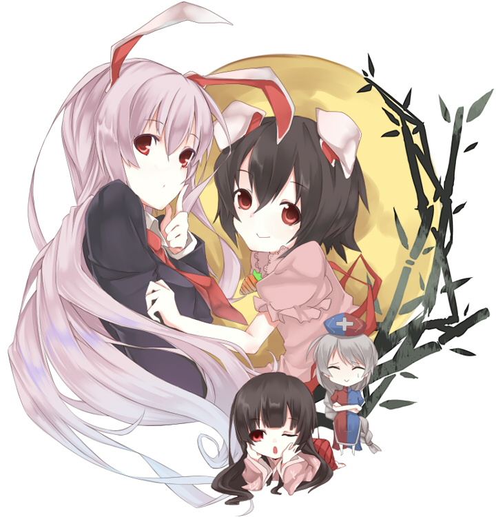 sasaki kouhei, houraisan kaguya, inaba tewi, reisen udongein inaba, yagokoro eirin, touhou, bad id, bad pixiv id, 4girls, animal ears, black hair, blazer, chibi, dress, female focus, hat, jacket, long hair, multiple girls, necktie, purple hair, rabbit ears, red eyes, red necktie, short hair, white hair