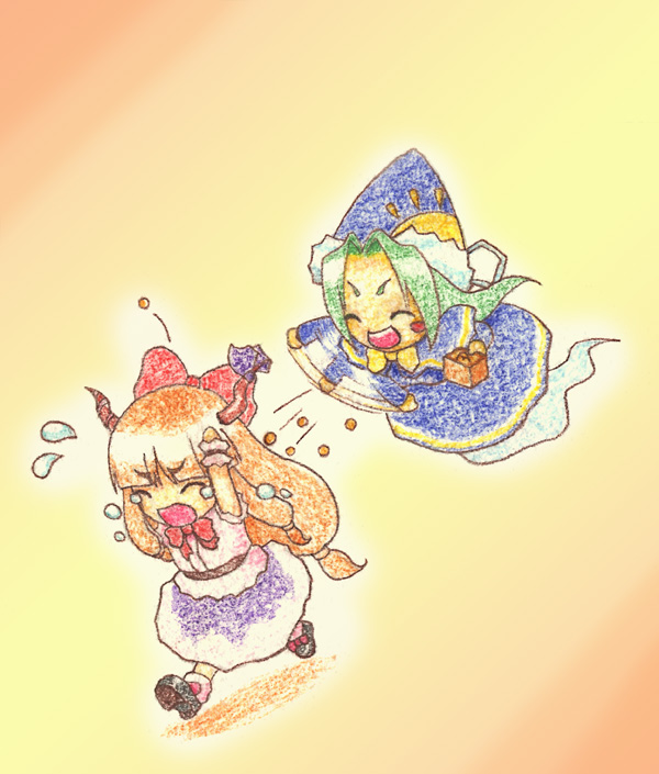 takt., ibuki suika, mima (touhou), touhou, touhou (pc-98), bad id, bad pixiv id, 2girls, ^ ^, beans, brown hair, chibi, closed eyes, female focus, green hair, hat, horns, long hair, mamemaki, multiple girls, oni, orange hair, ribbon, setsubun, sweatdrop, tears, wizard hat