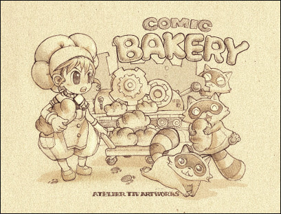 tiv, konami, commentary request, korean commentary, lowres, traditional media, 1girl, apron, artist name, baggy pants, blinking inside eyes, chef hat, closed eyes, collar, comic bakery, copyright name, dated commentary, food, frilled collar, frills, gears, genderswap, genderswap (mtf), gloves, hat, high-waist pants, holding, holding bread, holding food, legs apart, looking at viewer, open mouth, pants, paw print, pocket, raccoon, short hair, sidelocks, socks, standing, striped tail, tail, teeth, upper teeth only, v-shaped eyebrows, waist apron, wheel, yellow background, yellow theme