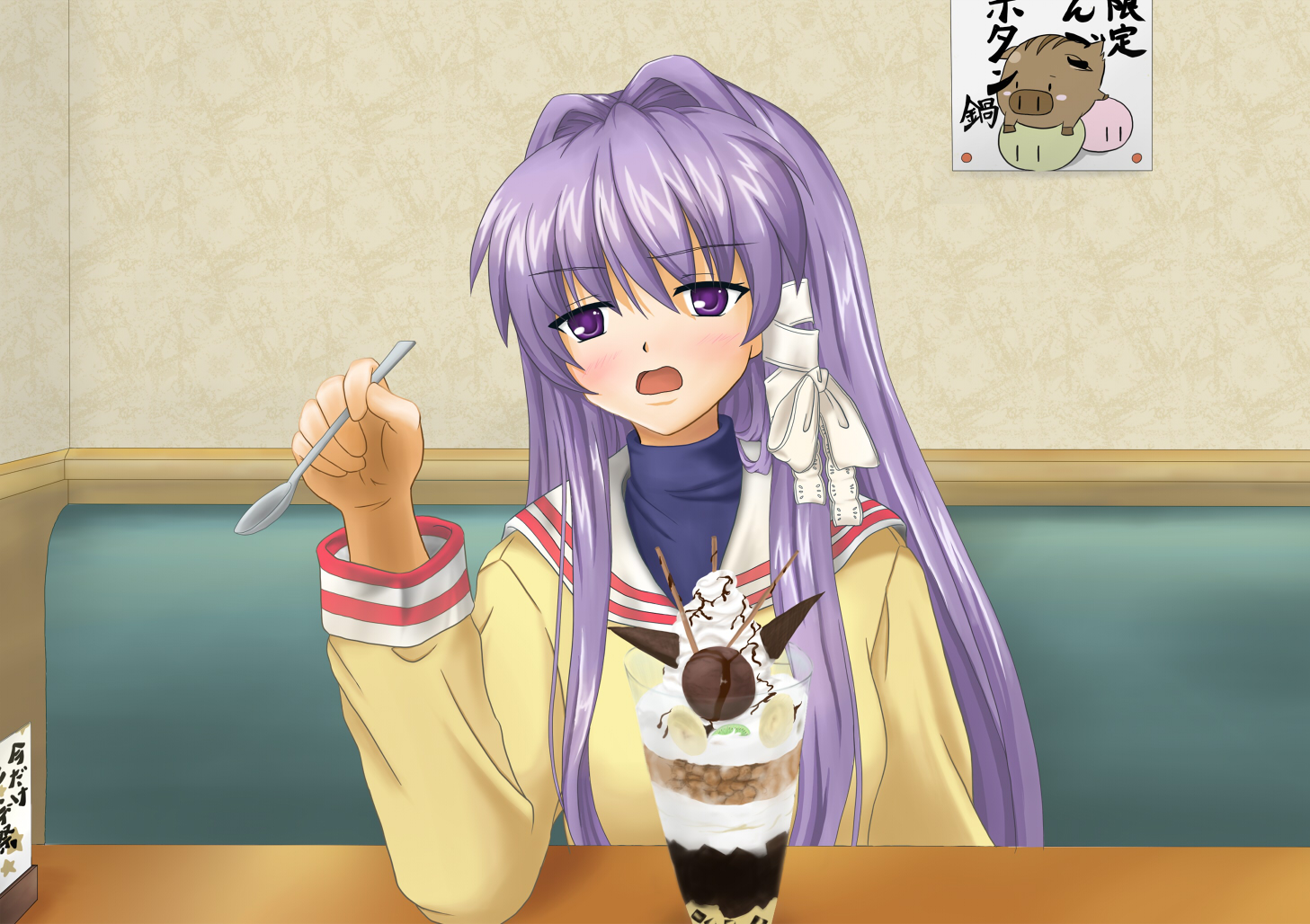 peppe, botan (clannad), fujibayashi kyou, clannad, dango daikazoku, bad id, bad pixiv id, 00s, 1girl, dango, female focus, food, long hair, looking at viewer, parfait, pov across table, purple eyes, purple hair, school uniform, solo, spoon, wagashi