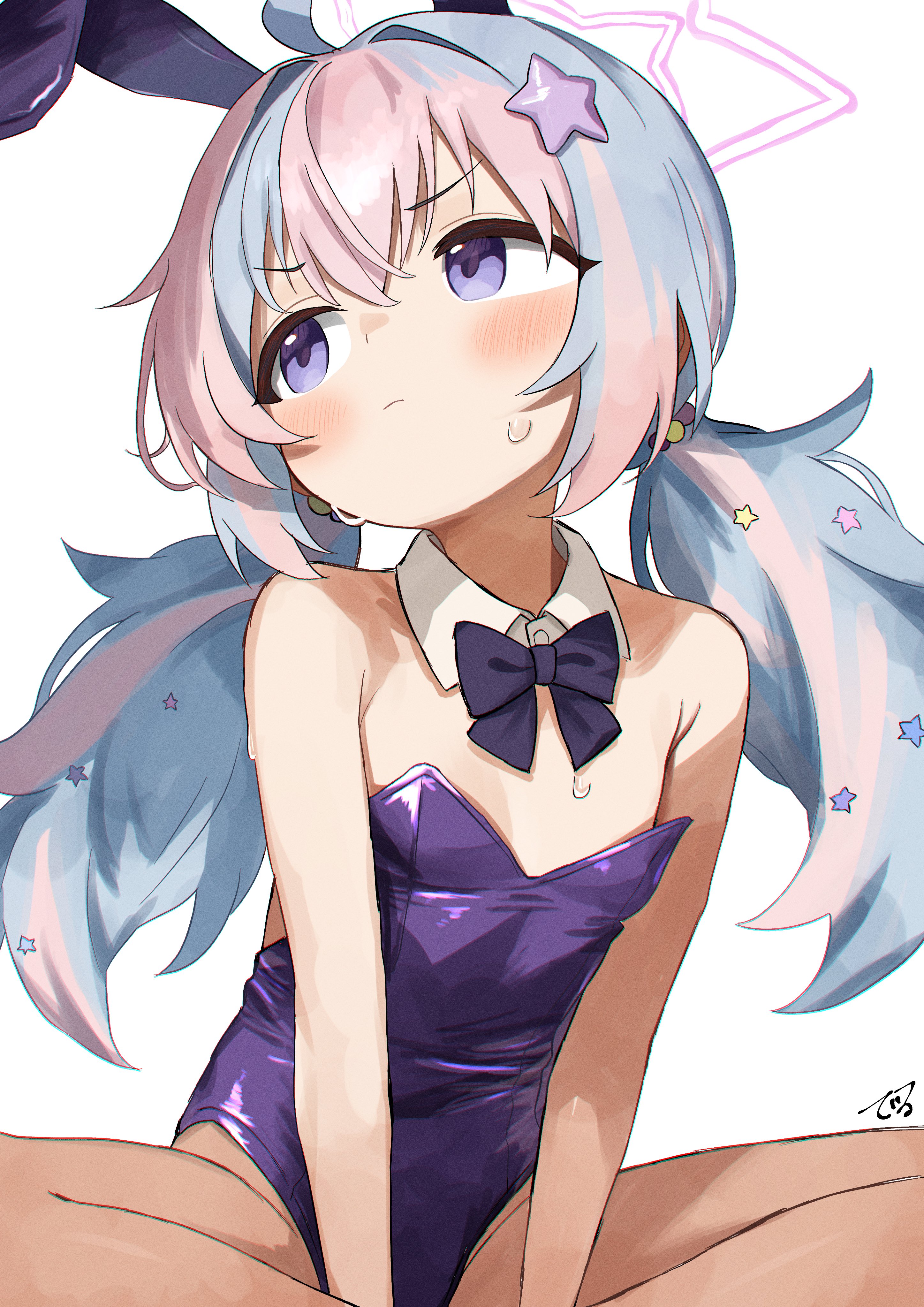 delfino, reisa (blue archive), blue archive, absurdres, highres, 1girl, ahoge, alternate costume, animal ears, bare shoulders, black bow, black bowtie, blue eyes, blue hair, blush, bow, bowtie, brown pantyhose, closed mouth, collar, detached collar, embarrassed, fake animal ears, hair intakes, hair ornament, halo, indian style, leotard, long hair, looking to the side, multicolored hair, pantyhose, pink hair, pink halo, purple leotard, rabbit ears, sidelocks, simple background, sitting, solo, star (symbol), star hair ornament, streaked hair, twintails, two-tone hair, v arms, white background, white collar