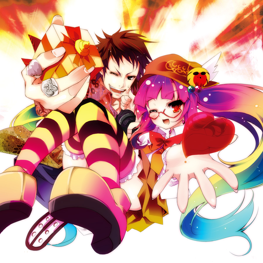 kamiya yuu, pixel phantom, amane (singer), beat mario, cool&create, real life, 1boy, 1girl, animification, gift, glasses, hat, heart, jewelry, long hair, pinching, real life insert, ribbon, ring, striped clothes, striped thighhighs, thighhighs