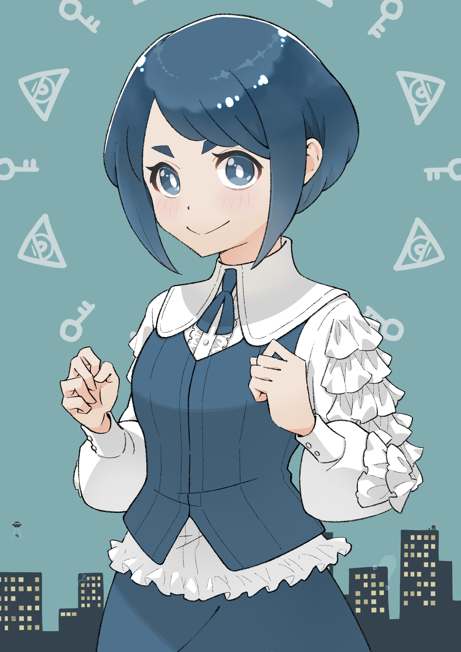 megane ox4, fukurai azami, toshi densetsu kaitai center, highres, 1girl, blue background, blue eyes, blue hair, blue skirt, bright pupils, closed mouth, collared shirt, cowboy shot, eye of providence, frilled shirt, frilled sleeves, frills, key, long sleeves, looking at viewer, neck ribbon, puffy long sleeves, puffy sleeves, ribbon, shirt, short hair, simple background, skirt, smile, solo, swept bangs, upper body, vest, white background, white shirt