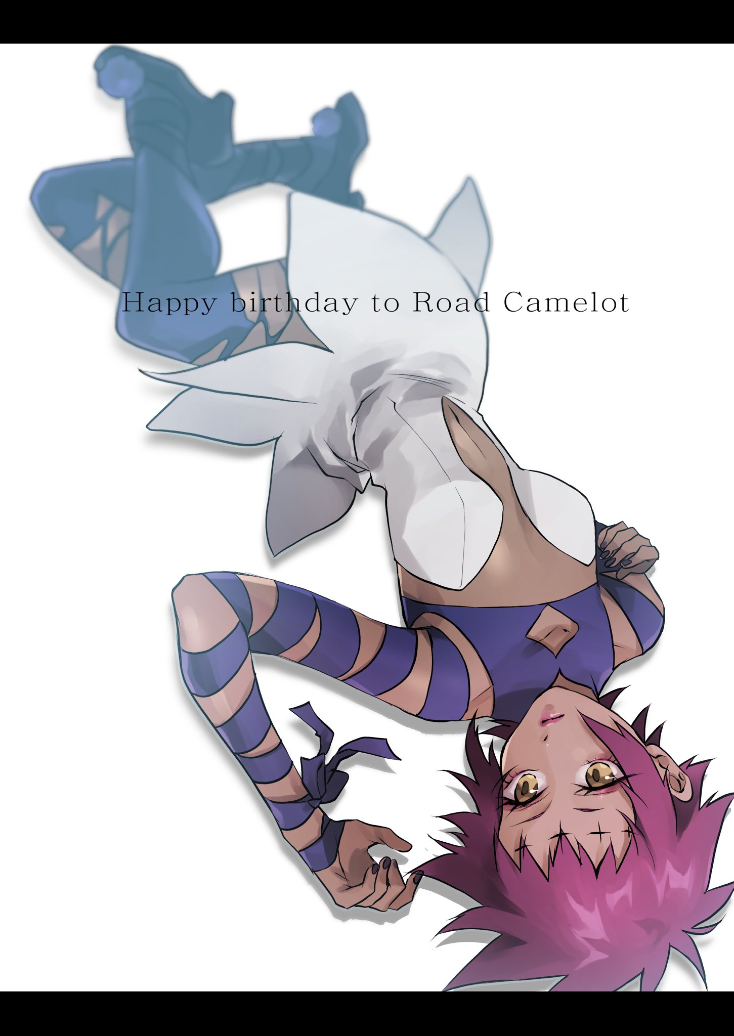 road kamelot, d.gray-man, highres, 1girl, arm ribbon, birthday, black border, black nails, blue ribbon, blue shoes, blue thighhighs, border, breasts, cleavage, collarbone, dark-skinned female, dark skin, dress, english text, eyeshadow, facial mark, forehead mark, happy birthday, koshian (mruc9), legs, lipgloss, lips, looking to the side, lying, makeup, messy hair, neck ribbon, noah (d.gray-man), on back, parted bangs, pink lips, purple eyeshadow, purple hair, ribbon, shoes, short dress, short hair, shoulder ribbon, sidelocks, simple background, sleeveless, sleeveless dress, small breasts, solo, spiked hair, strapless, strapless dress, thighhighs, thighs, torn clothes, torn thighhighs, upside-down, white background, white dress, yellow eyes