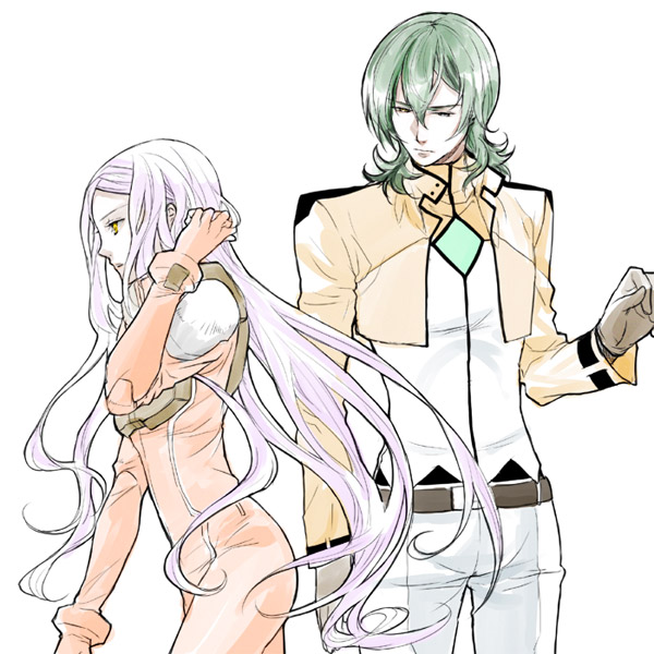 higi (rodriguez), allelujah haptism, soma peries, gundam, gundam 00, pilot suit, 00s, 1boy, 1girl, adjusting hair, belt, couple, gloves, green hair, hetero, long hair, short hair, yellow eyes