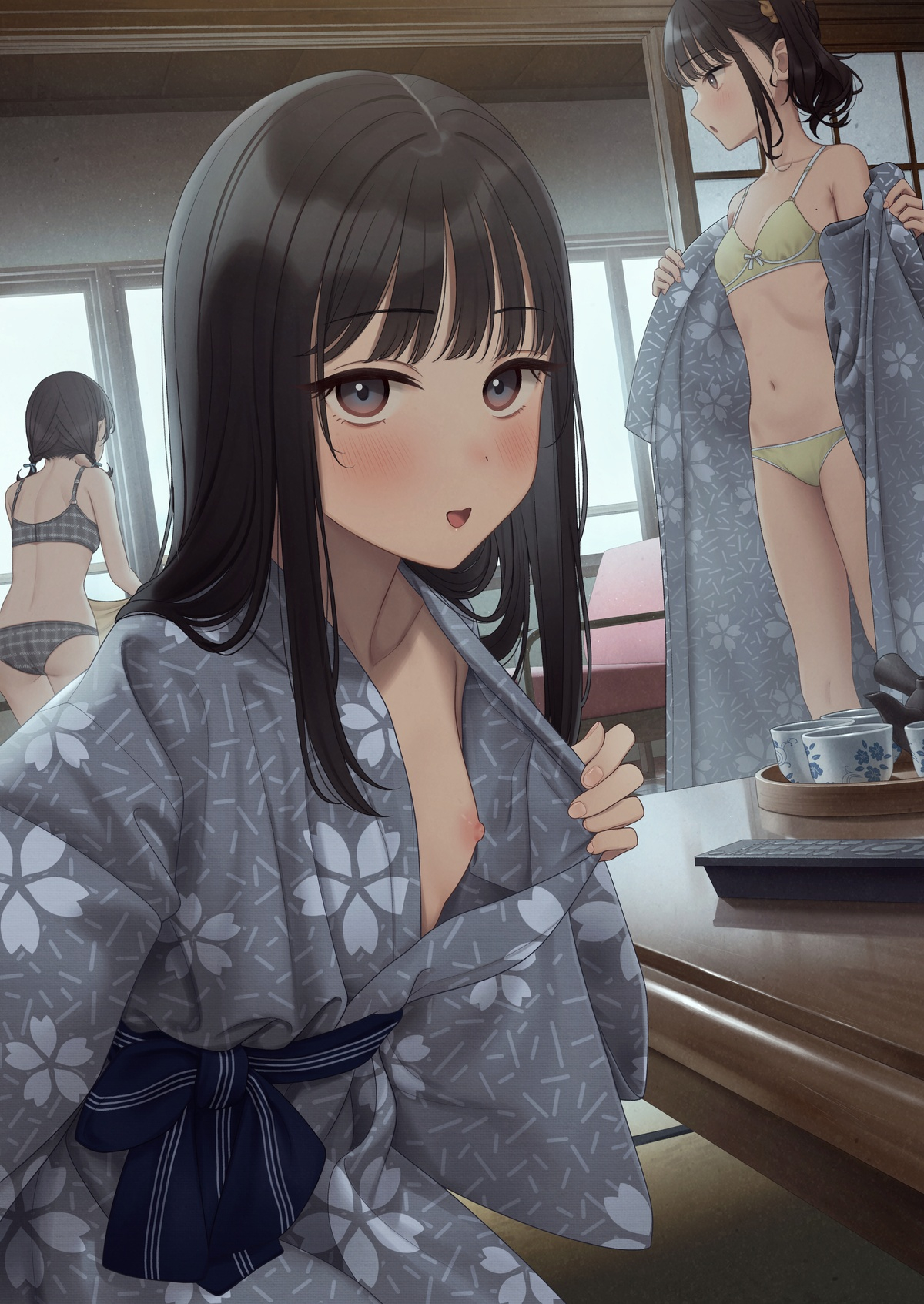 yukiyama momo, original, highres, 3girls, ass, black bra, black hair, black panties, blush, bow, bow bra, bra, breasts, controller, cup, green bra, green panties, grey kimono, indoors, japanese clothes, kimono, long hair, long sleeves, looking at viewer, low twintails, multiple girls, navel, nipples, open clothes, open kimono, open mouth, panties, plaid bra, plaid clothes, plaid panties, print kimono, remote control, selfie, short hair, shouji, sitting, sliding doors, small breasts, solo focus, standing, stomach, thighs, twintails, underwear, underwear only, undressing, v, wide sleeves, yukata