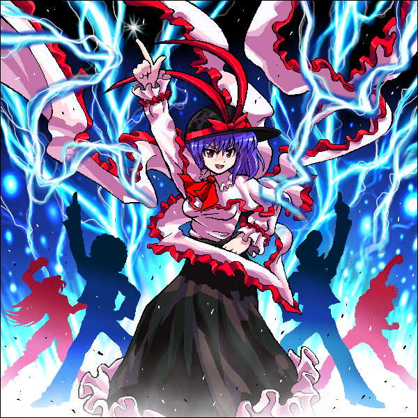 johnnie, afro (dangun feveron), mccoy (dangun feveron), nagae iku, stephanie (dangun feveron), dangun feveron, saturday night fever, touhou, 1girl, blue hair, crossover, female focus, frills, hand on own hip, hat, jaggy lines, lightning, oekaki, parody, red eyes, scarf, shawl, solo