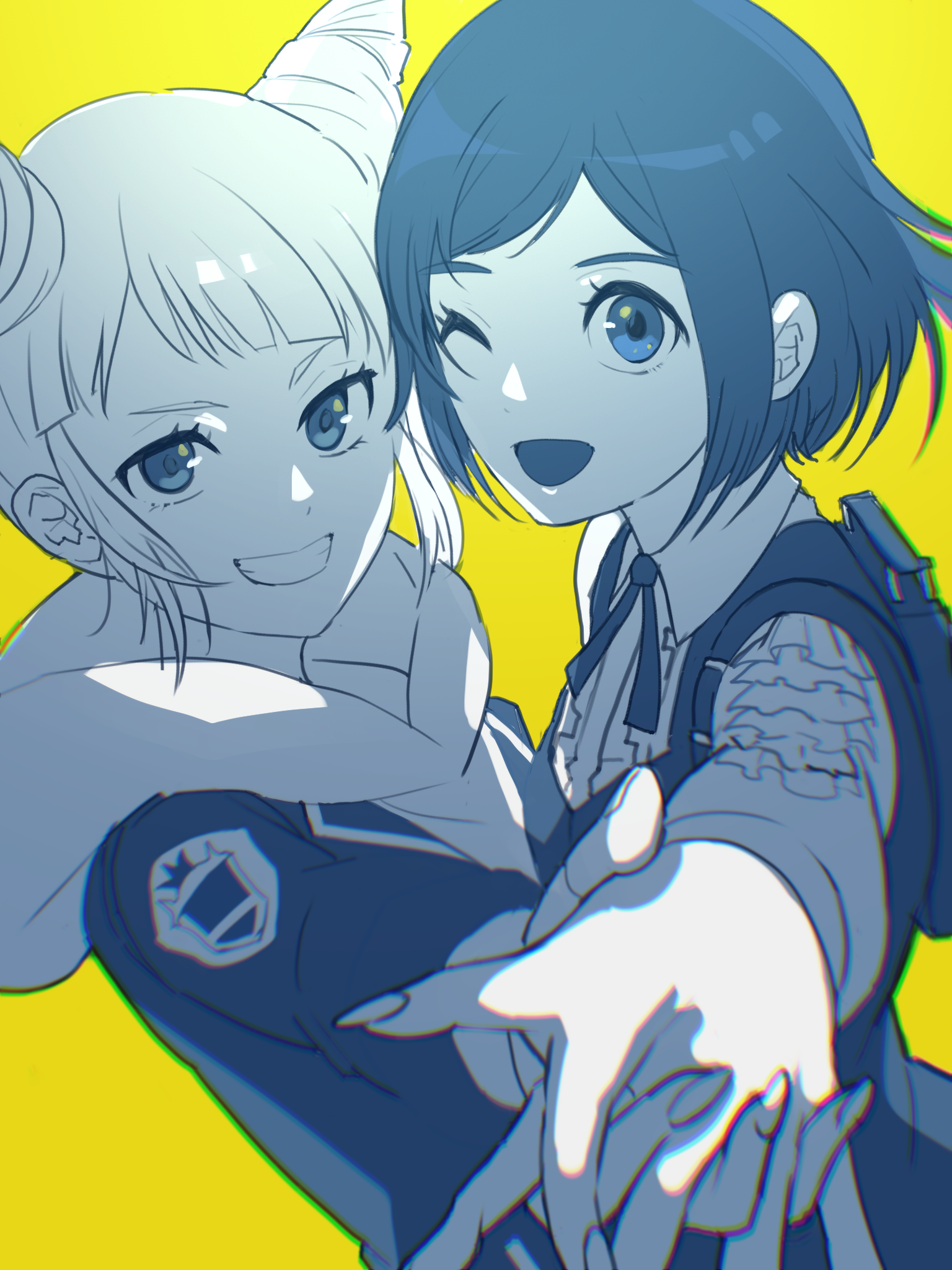 fukurai azami, jasmine (toshi densetsu kaitai center), toshi densetsu kaitai center, commentary request, highres, 2girls, ;d, backpack, bag, blue eyes, blue hair, blunt bangs, collared shirt, cone hair bun, frilled shirt, frilled sleeves, frills, grin, hair bun, holding hands, interlocked fingers, limited palette, long sleeves, looking at viewer, multiple girls, neck ribbon, one eye closed, open mouth, outstretched arm, ribbon, shirt, short hair, simple background, smile, stereodives, swept bangs, upper body, white shirt, yellow background