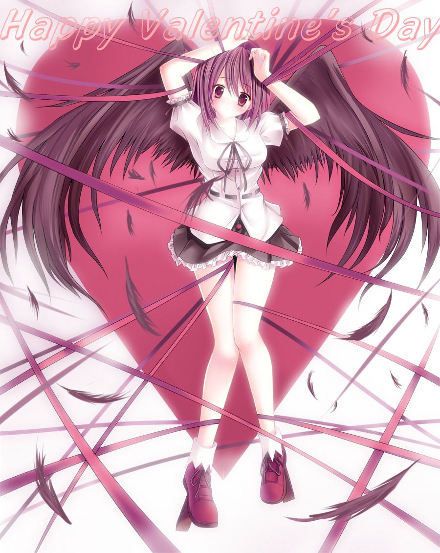 caidychen, shameimaru aya, touhou, bad id, bad pixiv id, 1girl, bdsm, black wings, bondage, bound, feathers, female focus, full body, geta, happy valentine, hat, heart, legs, looking at viewer, red eyes, ribbon, ribbon bondage, skirt, solo, tengu-geta, tokin hat, valentine, wings