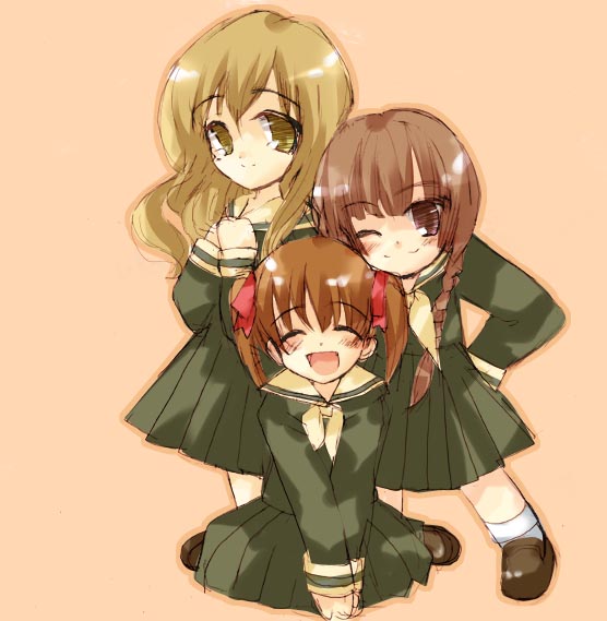 tsukamichi fumi, fukuzawa yumi, shimazu yoshino, toudou shimako, maria-sama ga miteru, 00s, 3girls, braid, brown eyes, brown hair, chibi, closed eyes, long hair, multiple girls, one eye closed, own hands clasped, own hands together, school uniform, serafuku, short hair, simple background, twin braids, twintails, wink