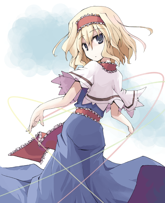 mochiki, alice margatroid, touhou, 1girl, blonde hair, blue dress, blue eyes, collar, dress, female focus, frilled collar, frilled hairband, frills, hair between eyes, hairband, head tilt, light frown, lolita hairband, looking at viewer, looking back, magic, no nose, puppet strings, red hairband, sash, shawl, short hair, short sleeves, solo, standing, wavy hair