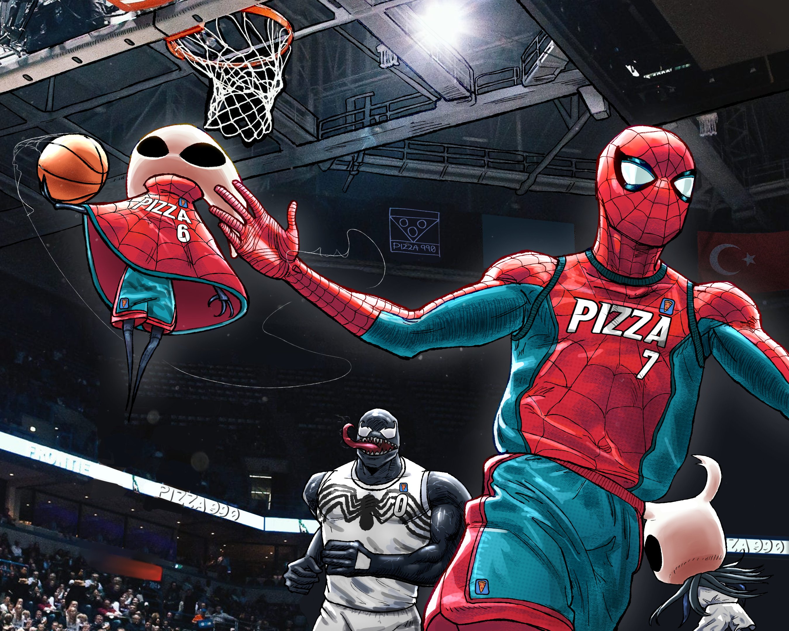 hornet (hollow knight), spider-man, venom (marvel), hollow knight, hollow knight: silksong, marvel, spider-man (series), highres, animal print, arthropod girl, black skin, bodysuit, cloak, colored skin, hollow eyes, horned mask, long tongue, mask, monster boy, muscular, muscular male, pizza990, red cloak, sharp teeth, slime boy, spider print, superhero costume, symbiote, teeth, tongue, very long tongue, western comics (style), white mask