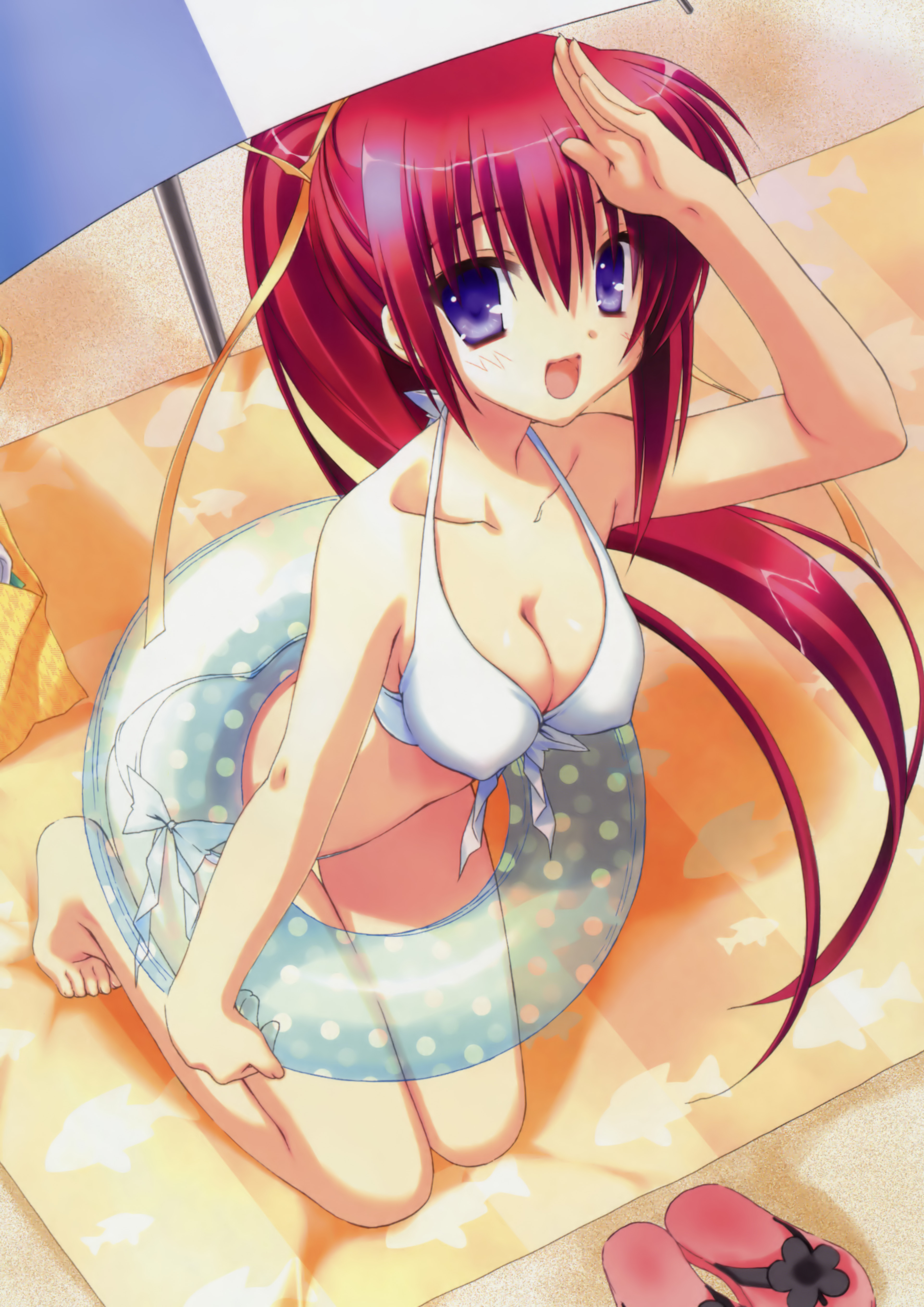 kobuichi, takase mizuki, comic party, absurdres, highres, 00s, 1girl, barefoot, bikini, breasts, cleavage, collarbone, female focus, from above, front-tie top, innertube, kneeling, looking at viewer, open mouth, pink hair, polka dot, polka dot innertube, ponytail, purple eyes, red hair, salute, side-tie bikini bottom, smile, solo, swim ring, swimsuit, white bikini