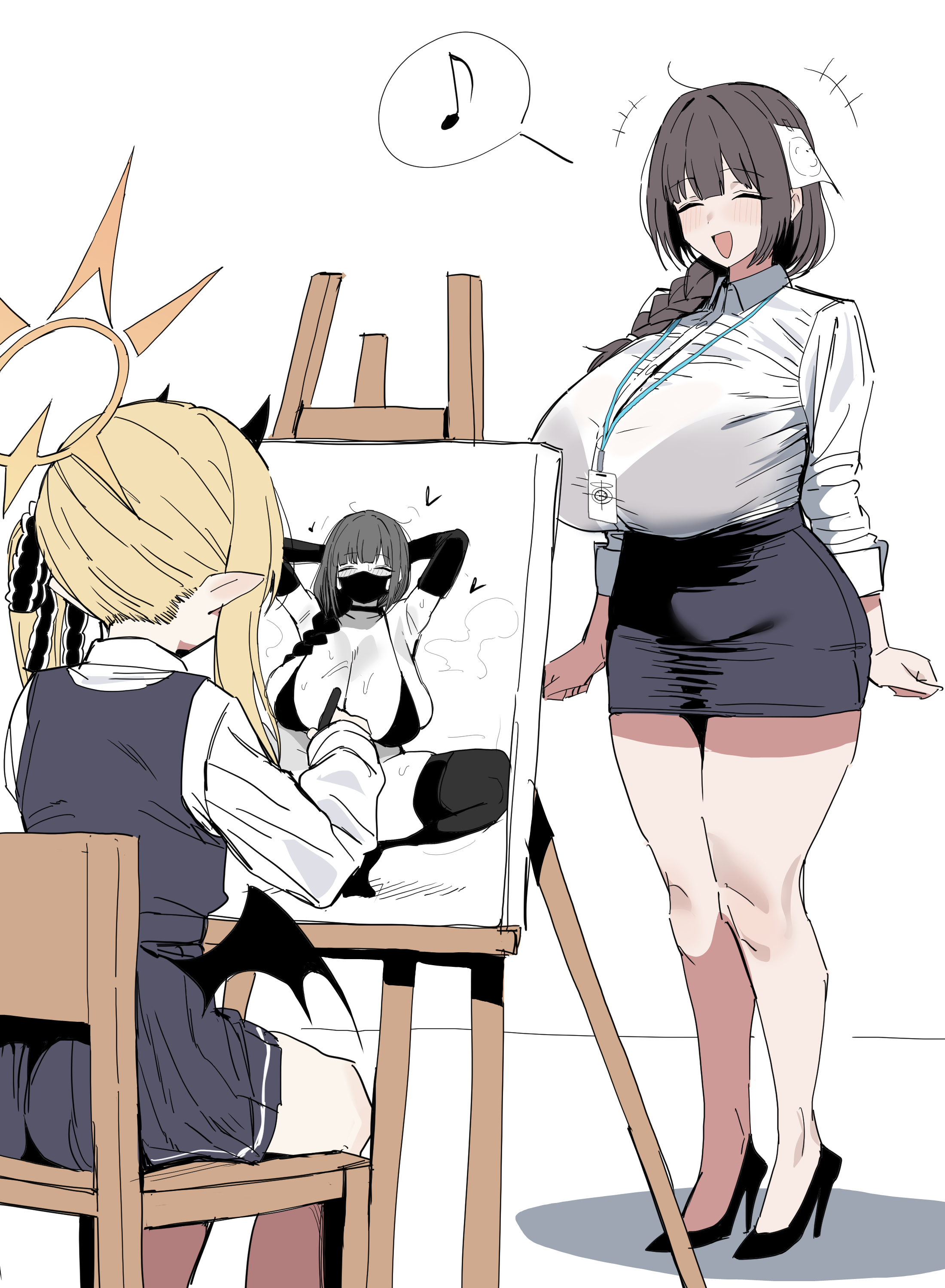 xipa, female sensei (blue archive), female sensei (blue archive) (xipa), ibuki (blue archive), sensei (blue archive), blue archive, absurdres, highres, 2girls, :d, ^ ^, bat wings, bikini, black hair, black ribbon, black wings, blonde hair, breasts, closed eyes, drawing (object), hair ribbon, halo, huge breasts, lanyard, long hair, multiple girls, musical note, open mouth, orange halo, pointy ears, ribbon, simple background, smile, spoken musical note, squatting, standing, swimsuit, white background, wings