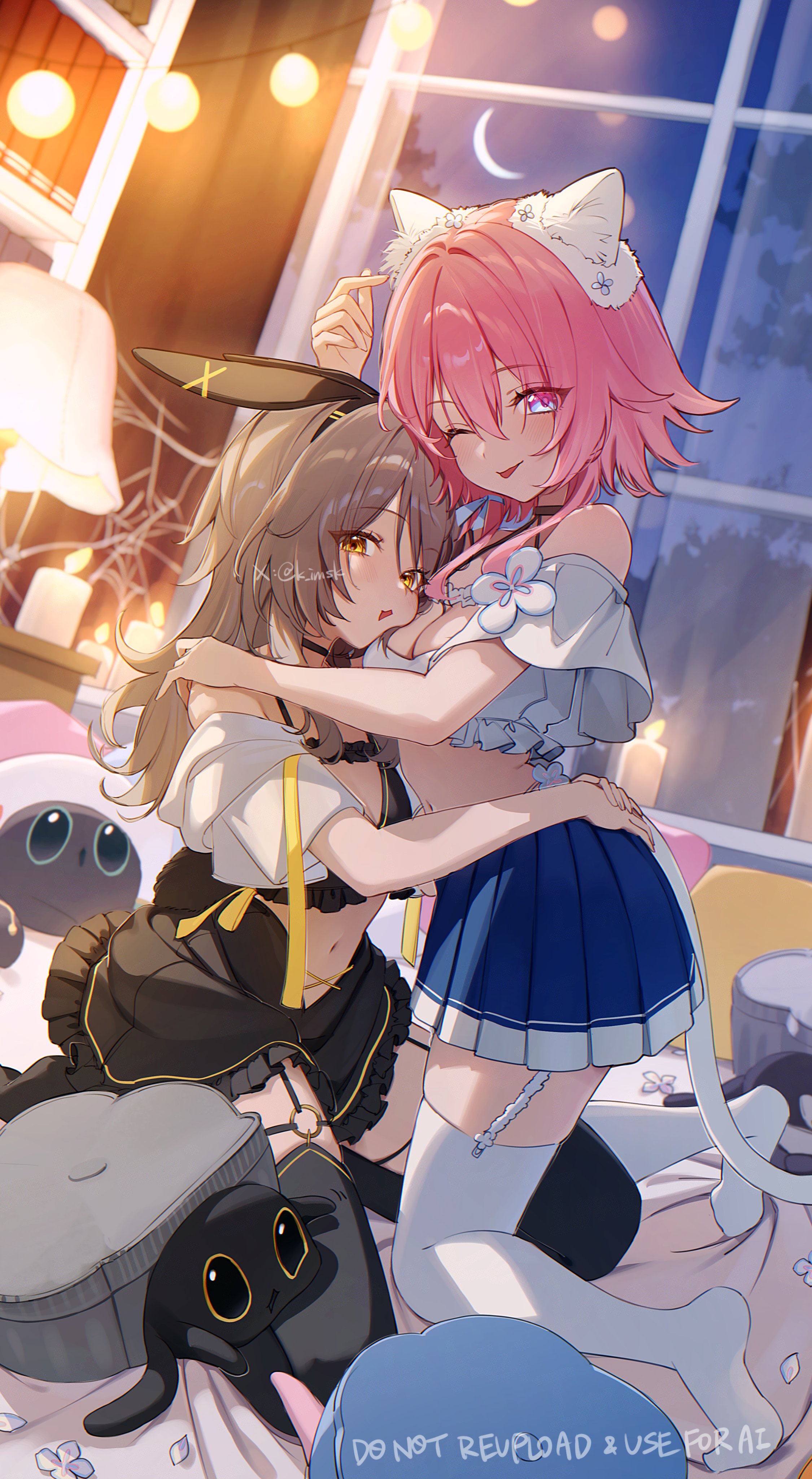 imasaki kei, critter pick (honkai: star rail), march 7th (honkai: star rail), stelle (honkai: star rail), trailblazer (honkai: star rail), honkai: star rail, honkai (series), absurdres, commentary request, highres, 2girls, :p, alternate costume, animal ear hairband, animal ears, black skirt, black thighhighs, blue skirt, breasts, cat ear hairband, cat ears, cleavage, fake animal ears, grey hair, hairband, hug, indoors, kneeling, looking at viewer, medium breasts, medium hair, midriff, multiple girls, navel, on bed, one eye closed, pink eyes, pink hair, pleated skirt, rabbit ear hairband, rabbit ears, skirt, thighhighs, tongue, tongue out, white thighhighs, yellow eyes, yuri