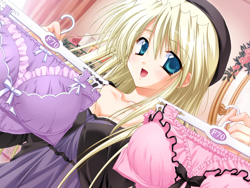 asaba yuu, kirishima sora, kimi to koishite musubarete, game cg, non-web source, 1girl, blonde hair, blue eyes, bra, clothes hanger, dutch angle, female focus, frilled bra, frills, green eyes, hat, lingerie, long hair, panties, pink bra, purple bra, shop, shopping, solo, underwear