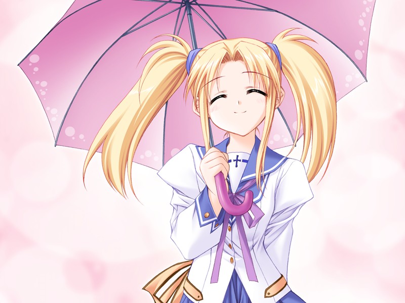moekibara fumitake, mitora mememe, itsuka todoku ano sora ni, game cg, non-web source, 1girl, blonde hair, closed eyes, female focus, gradient background, happy, long hair, school uniform, solo, twintails, umbrella