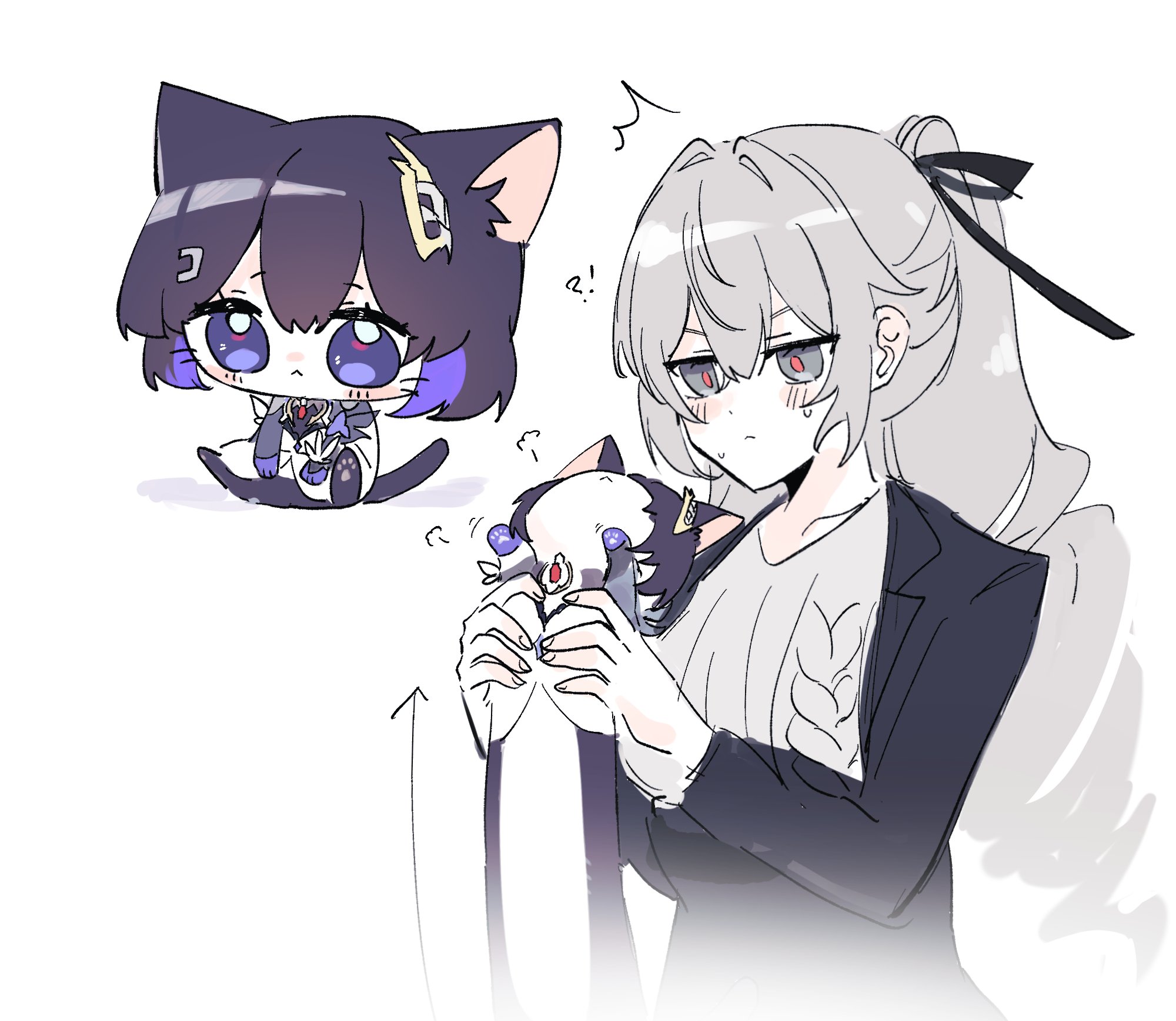 munji412, bronya zaychik, bronya zaychik (silverwing: n-ex), seele vollerei, seele vollerei (apho), honkai (series), honkai impact 3rd, highres, korean commentary, 2girls, animal ears, animal hands, black hair, blue eyes, cat ears, chibi, colored inner hair, drill hair, formal clothes, grey eyes, grey hair, hair between eyes, hair ornament, jacket, multicolored hair, multiple girls, ribbon, suit, sweater, tail, whiskers, white background, yuri