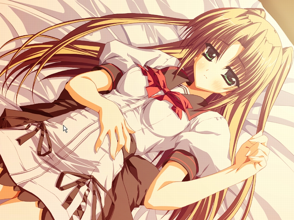 amakawa akito, touma mutsuki, otome smile, game cg, non-web source, 1girl, bed, blonde hair, female focus, green eyes, long hair, lying, school uniform, solo