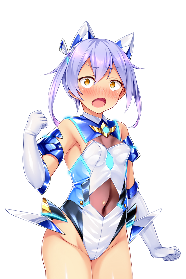 satou kuuki, fujii natsumi (ysphere), soukou seiki ysphere, game cg, large variant set, non-web source, official art, variant set, 1girl, bare shoulders, blue-tinted eyewear, blush, breasts, covered erect nipples, covered navel, cowboy shot, elbow gloves, fang, gloves, groin, hair between eyes, hair ornament, headgear, highleg, highleg leotard, leotard, looking at viewer, multicolored leotard, open mouth, purple hair, shiny skin, short hair, simple background, skin tight, small breasts, solo, standing, thighhighs, tinted eyewear, transparent background, twintails, two-tone leotard, white background, white gloves, white leotard, wide-eyed, yellow eyes, ys aqua