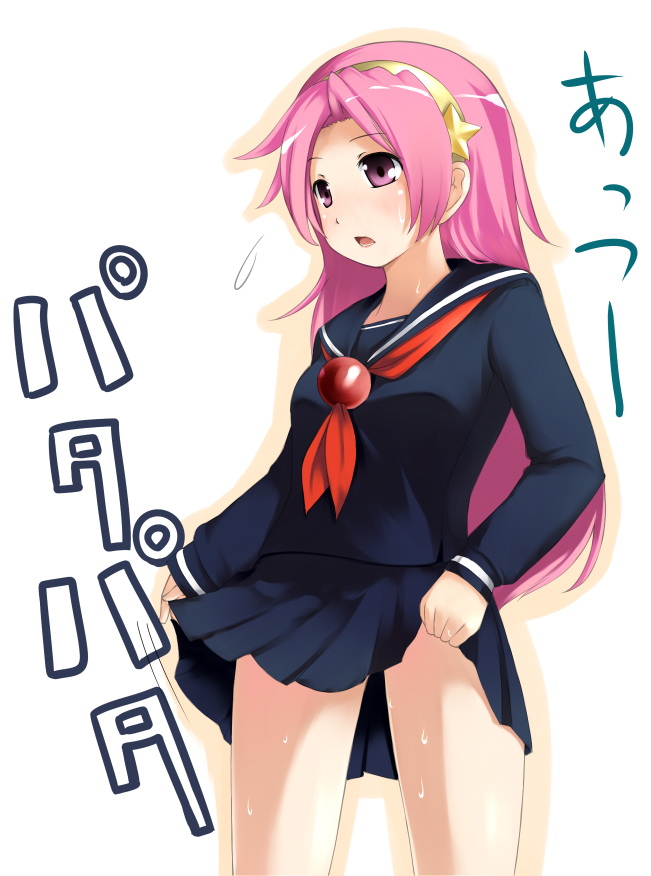 hubrael, asamiya athena, snk, the king of fighters, the king of fighters xii, 1girl, black serafuku, clothes lift, female focus, hair ornament, school uniform, serafuku, skirt, skirt lift, solo, star (symbol), star hair ornament, sweat