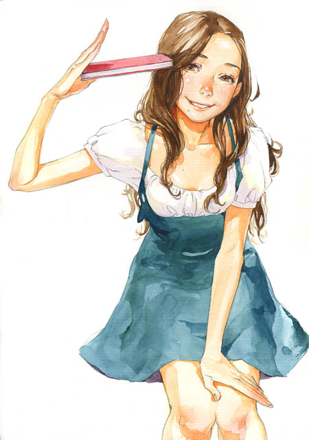 yuu (mol), original, 1girl, book, brown eyes, brown hair, female focus, freckles, long hair, salute, solo