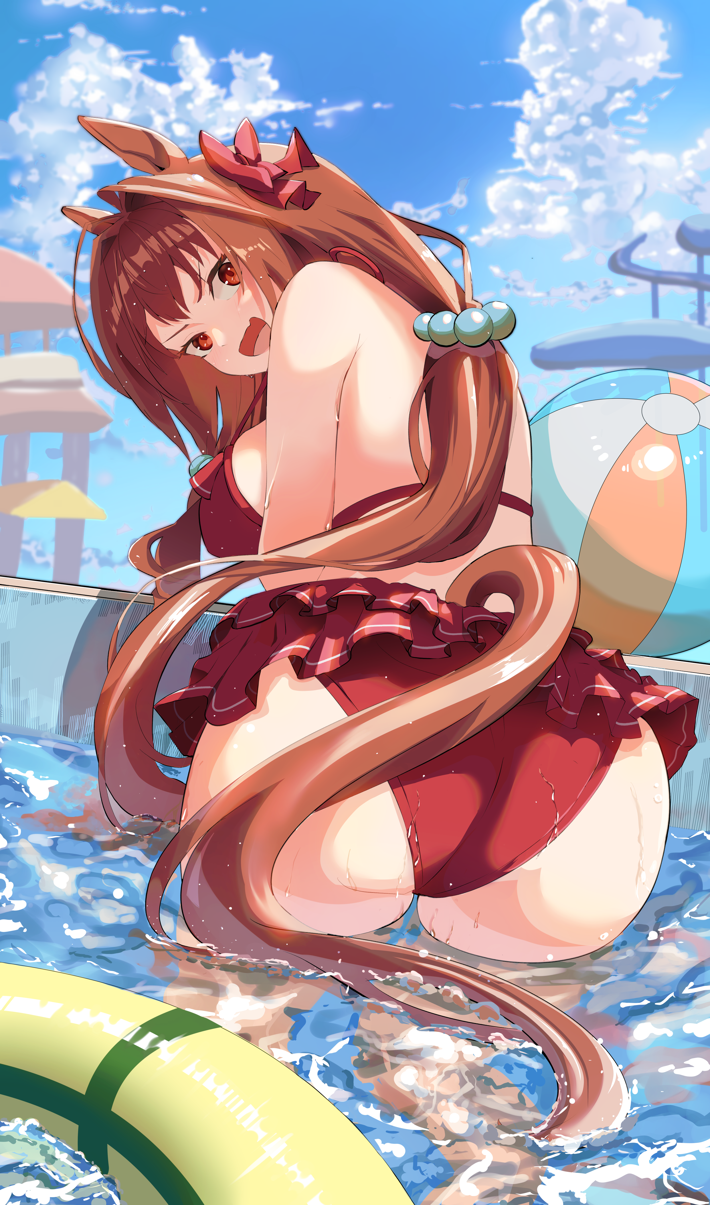 coffeed17, daiwa scarlet (umamusume), umamusume, absurdres, highres, 1girl, animal ears, ass, bikini, breasts, brown hair, brown tail, daiwa scarlet (mini vacation) (umamusume), fang, frilled bikini, frills, from behind, hair between eyes, hair intakes, horse ears, horse girl, horse tail, innertube, large breasts, long hair, looking at viewer, looking back, official alternate costume, official alternate hairstyle, open mouth, pool, red bikini, red eyes, skin fang, slide, swim ring, swimsuit, tail, thighs, water slide, waterpark