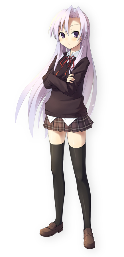oryo (oryo04), original, 1girl, black thighhighs, blush, crossed arms, female focus, legs, long hair, long legs, looking at viewer, pink hair, plaid clothes, plaid skirt, purple eyes, school uniform, simple background, skirt, solo, standing, thighhighs, white background, white hair, zettai ryouiki