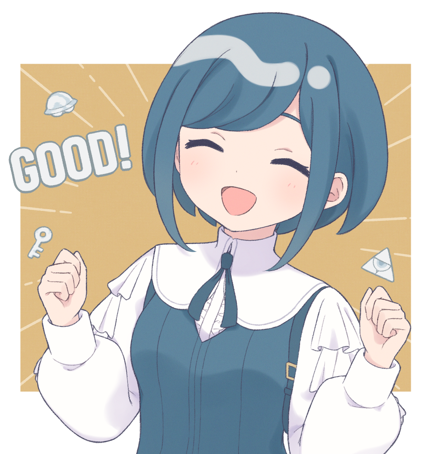 kisa yukika, fukurai azami, toshi densetsu kaitai center, highres, 1girl, :d, ^ ^, blue hair, clenched hands, closed eyes, collared shirt, eye of providence, facing viewer, frilled shirt, frilled sleeves, frills, hands up, key, long sleeves, neck ribbon, open mouth, ribbon, shirt, short hair, smile, solo, swept bangs, upper body, white shirt