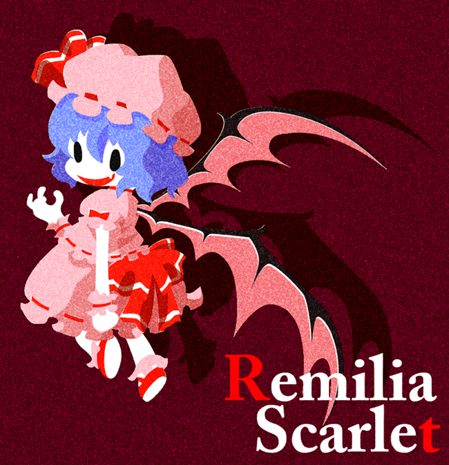 karaagetarou, remilia scarlet, touhou, 1girl, bat wings, blue hair, character name, fang, female focus, hat, hat ribbon, ribbon, skirt, solo, wings