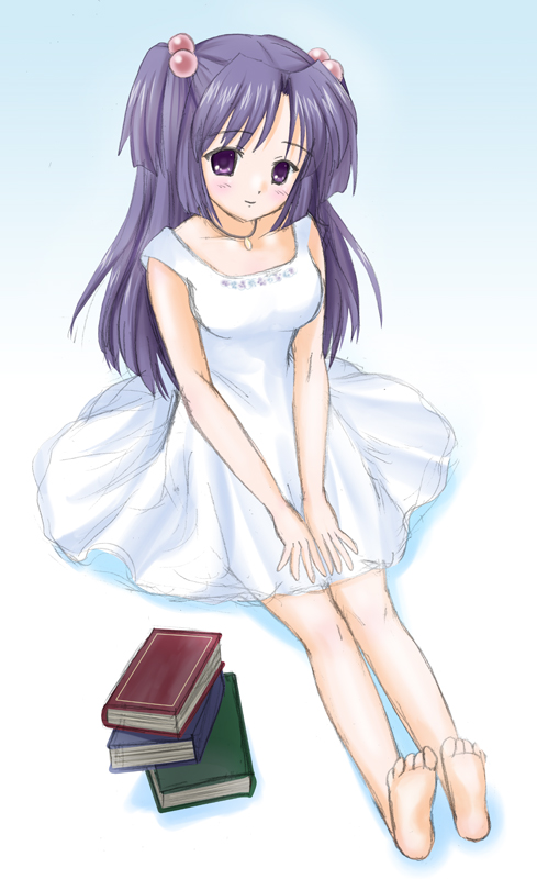 ichinose kotomi, clannad, non-web source, 00s, barefoot, blue hair, book, dress, feet, hair bobbles, hair ornament, long hair, purple eyes, sketch, solo, twintails, two side up