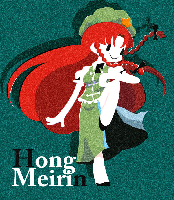 karaagetarou, hong meiling, immaterial and missing power, touhou, 1girl, bow, braid, character name, chinese clothes, female focus, fighting stance, hair bow, hat, long hair, puffy short sleeves, puffy sleeves, red hair, ribbon, shoes, short sleeves, solo, star (symbol), tangzhuang, twin braids