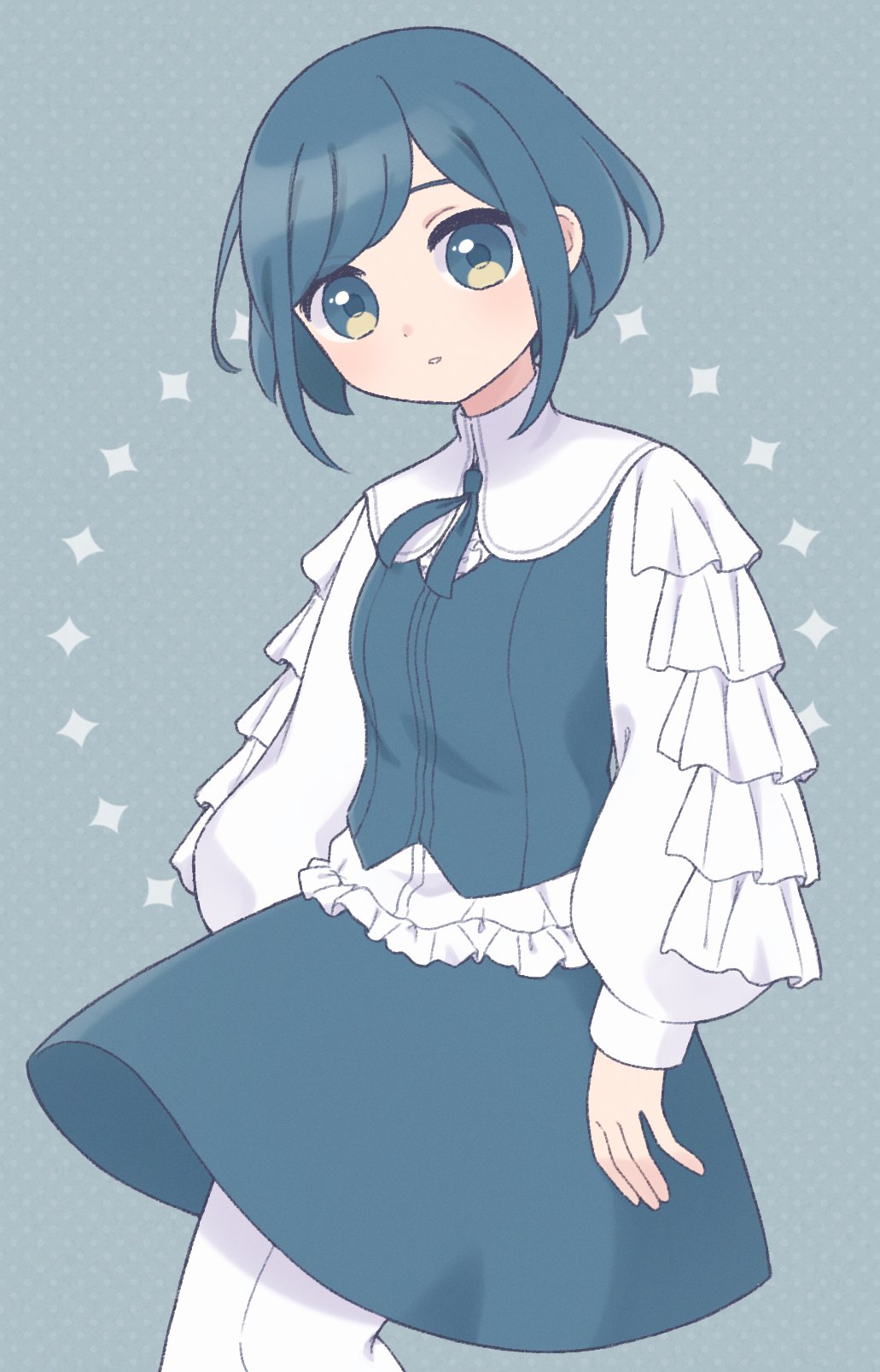 kisa yukika, fukurai azami, toshi densetsu kaitai center, commentary request, highres, 1girl, blue background, blue eyes, blue hair, blue skirt, blue theme, collared shirt, cowboy shot, frilled shirt, frilled sleeves, frills, long sleeves, looking at viewer, neck ribbon, pantyhose, parted lips, puffy long sleeves, puffy sleeves, ribbon, shirt, short hair, simple background, skirt, solo, standing, vest, white pantyhose, white shirt