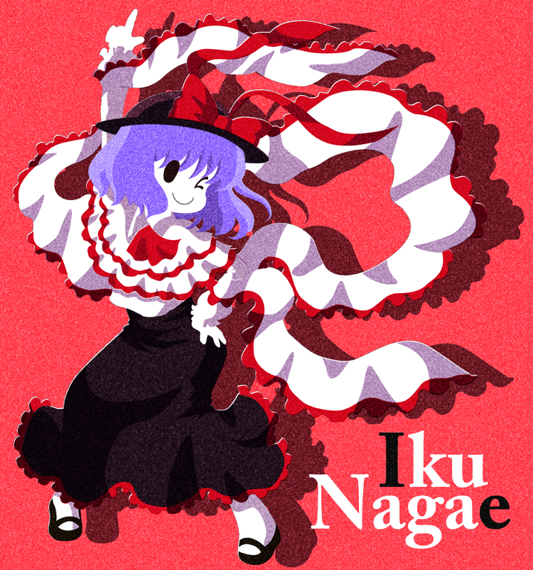 karaagetarou, nagae iku, saturday night fever, touhou, 1girl, blue hair, character name, dress, female focus, frills, hand on own hip, hat, one eye closed, scarf, shawl, short hair, solo, wink