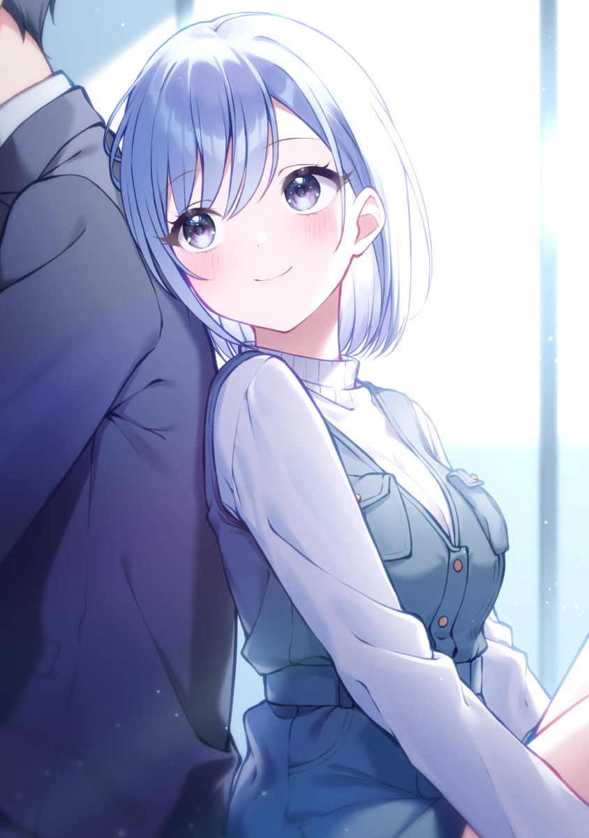 shirasato (phzm8733), producer (idolmaster), suzuki hana, idolmaster, idolmaster shiny colors, commentary request, highres, 1boy, 1girl, back-to-back, blue hair, blush, breasts, closed mouth, hetero, long sleeves, medium breasts, official alternate hairstyle, out of frame, purple eyes, sitting, smile, sweater, white sweater
