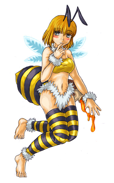 kenkou cross, honey bee (monster girl encyclopedia), honeybee, monster girl encyclopedia, arthropod girl, barefoot, bee, bee girl, bug, insect, insect girl, monster girl, wings