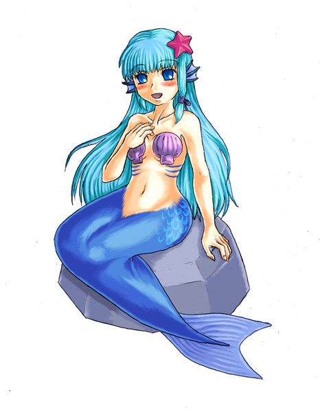 mermaid (monster girl encyclopedia), monster girl encyclopedia, eyebrows, artist request, 1girl, :d, animal ears, bare shoulders, blue eyes, blue hair, blush, female focus, fins, gills, hair ornament, hand on ground, hand on own chest, long hair, looking at viewer, mermaid, monster girl, navel, no panties, open mouth, rock, seashell, seashell bikini, shell, sidelocks, simple background, sitting, smile, solo, stomach, tail