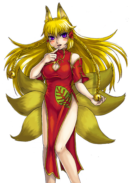 kenkou cross, youko, youko (monster girl encyclopedia), monster girl encyclopedia, official art, 1girl, animal ears, bare shoulders, bell, blonde hair, blue eyes, blush, braid, breasts, cameltoe, china dress, chinese clothes, cleavage, cleavage cutout, clothing cutout, detached sleeves, dress, female focus, finger to mouth, fox, fox ears, fox tail, hair ornament, hip focus, large breasts, legs, long hair, looking at viewer, monster girl, multiple tails, purple eyes, red dress, short sleeves, side slit, simple background, solo, tail, tongue, white background