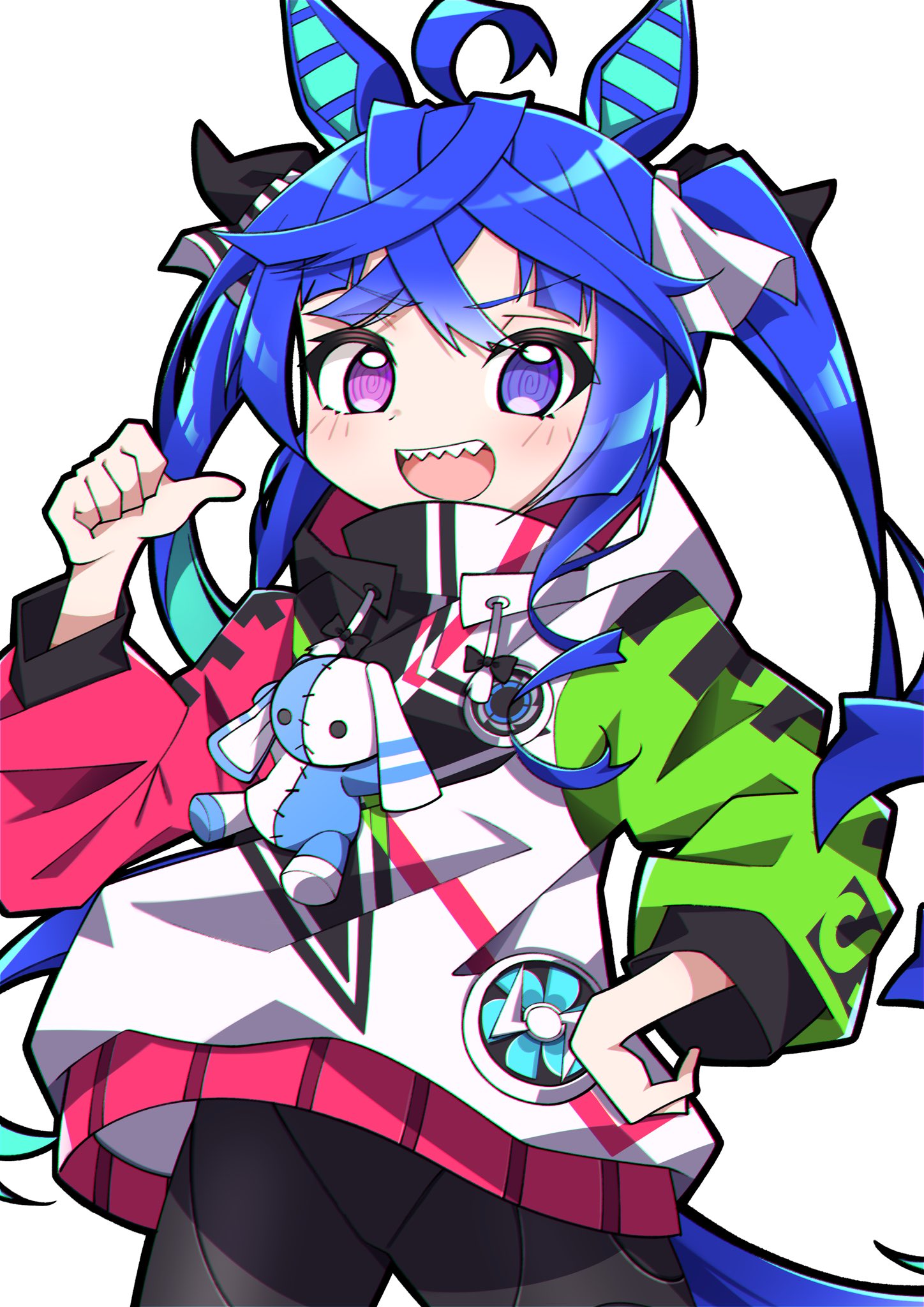 crutch elbow, twin turbo (blast mode! turbo engine) (umamusume), twin turbo (umamusume), umamusume, highres, @ @, animal ears, black bodysuit, bodysuit, boots, brown leggings, coat, crossed bangs, drawstring, heterochromia, hood, hooded coat, hoodie, horse ears, horse girl, horse tail, leggings, multicolored coat, multicolored hoodie, sharp teeth, stuffed animal, stuffed rabbit, stuffed toy, tail, teeth, yellow boots