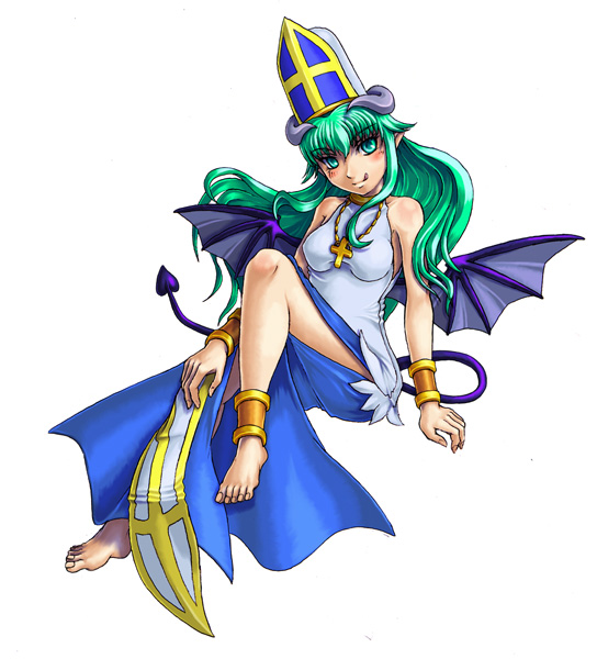 kenkou cross, tagme, anklet, barefoot, blush, cross, demon, demon tail, demon wings, dress, green eyes, green hair, hat, horns, jewelry, licking lips, long hair, priestess, side slit, tail, tongue, tongue out, wings
