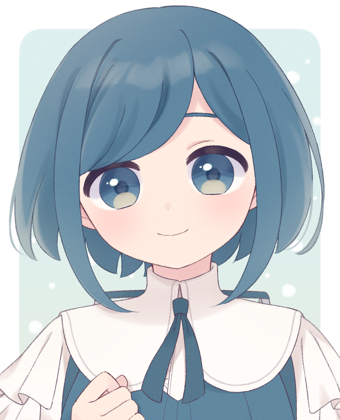 kisa yukika, fukurai azami, toshi densetsu kaitai center, commentary request, highres, 1girl, blue background, blue hair, closed mouth, collared shirt, frilled shirt, frills, hand up, looking at viewer, neck ribbon, ribbon, shirt, short hair, smile, solo, swept bangs, upper body, white shirt