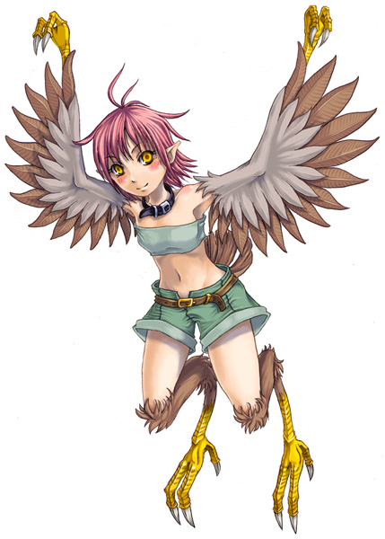 kenkou cross, harpy (monster girl encyclopedia), monster girl encyclopedia, 1girl, antenna hair, arms up, bare shoulders, belt, bird, blush, claws, collar, female focus, harpy, looking at viewer, midriff, monster girl, navel, pink hair, pointy ears, short hair, shorts, simple background, smile, solo, strapless, tube top, white background, wings, yellow eyes