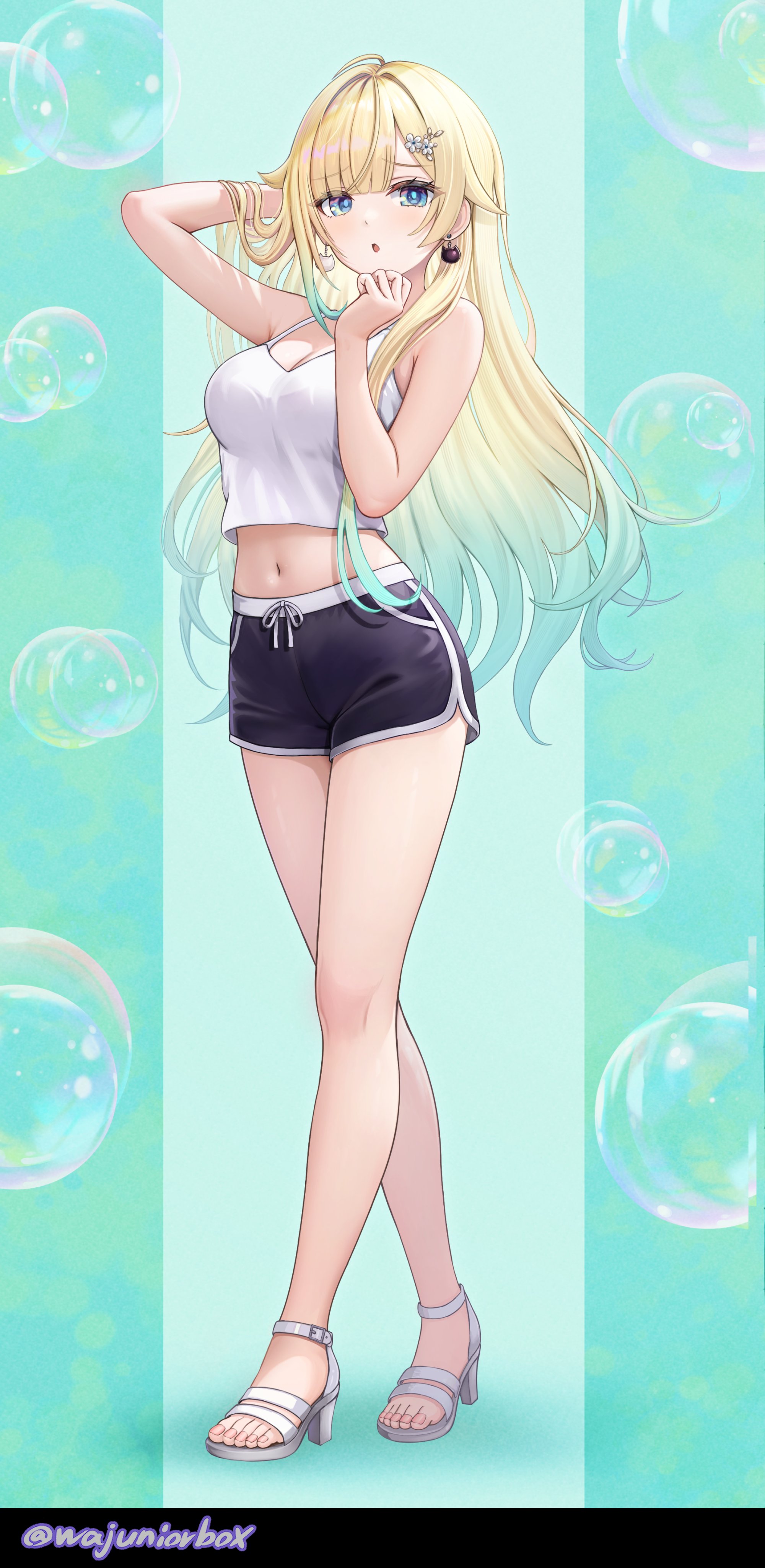 wajuniorbox, aizawa ema, vspo!, absurdres, commentary request, highres, 1girl, :o, aqua eyes, bare legs, bare shoulders, black shorts, blonde hair, blunt bangs, blush, breasts, camisole, cleavage, crop top, crossed legs, dolphin shorts, drawstring, earrings, full body, gradient hair, green background, green hair, hair flip, hair ornament, hand up, jewelry, large breasts, long hair, looking at viewer, midriff, multicolored hair, nail polish, navel, sandals, shoes, short shorts, shorts, solo, standing, strappy heels, toenail polish, toenails, toes, twitter username, two-tone hair, virtual youtuber, white camisole, white sandals