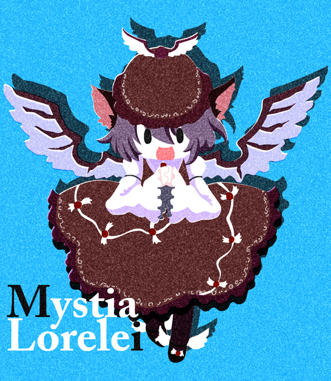 karaagetarou, mystia lorelei, touhou, winged footwear, 1girl, animal ears, character name, female focus, happy, hat, purple hair, shoes, solo, wings