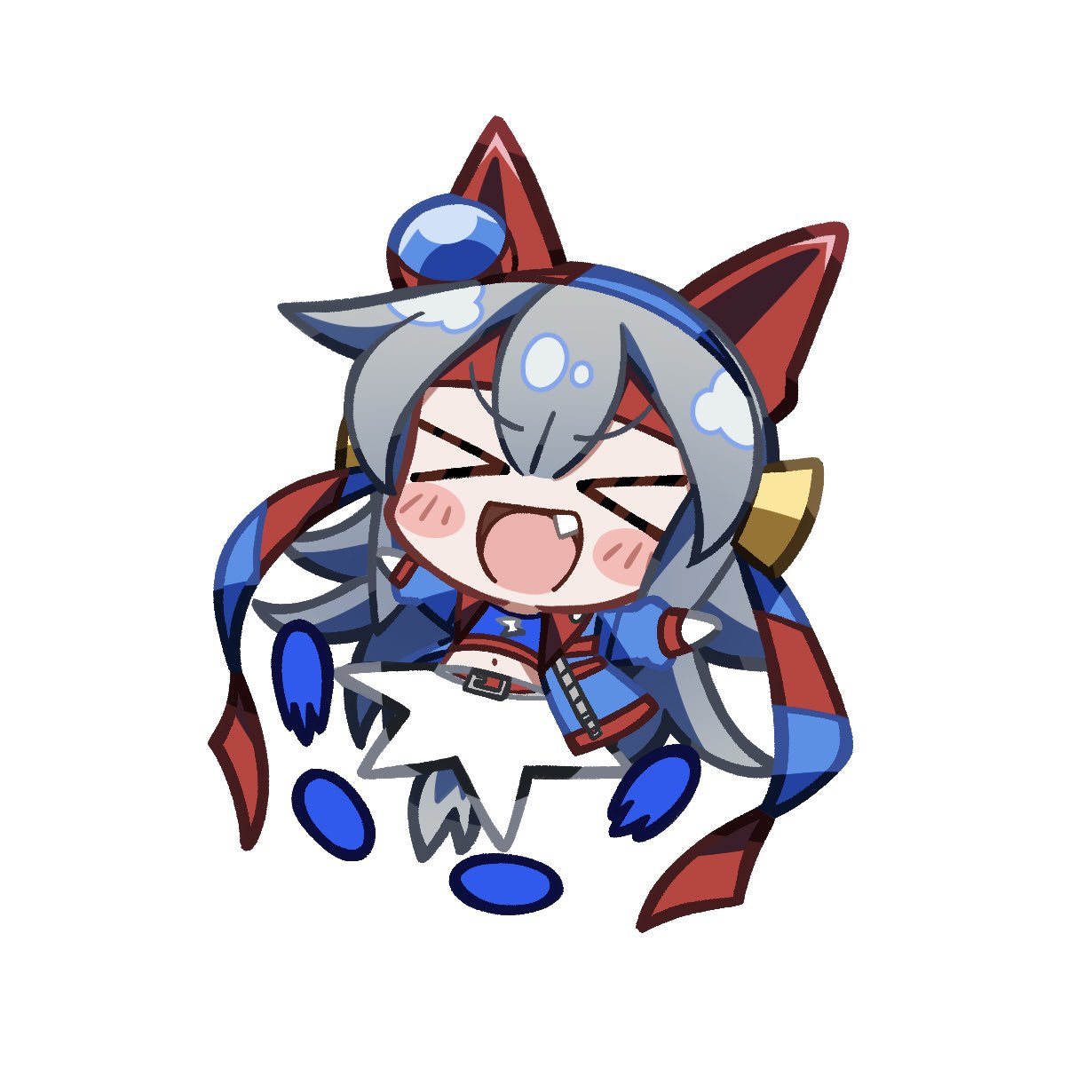 crutch elbow, tamamo cross (umamusume), tamamo cross (with lightning speed) (umamusume), umamusume, umamusume: cinderella gray, highres, 1girl, animal ears, blue hairband, blush, bow, ear bow, ear covers, ear ornament, fang, grey hair, grey tail, hair between eyes, hairband, headband, horse ears, horse girl, horse tail, jacket, long hair, long sleeves, open mouth, red headband, shirt, smile, solo, striped clothes, striped hairband, tail, very long hair