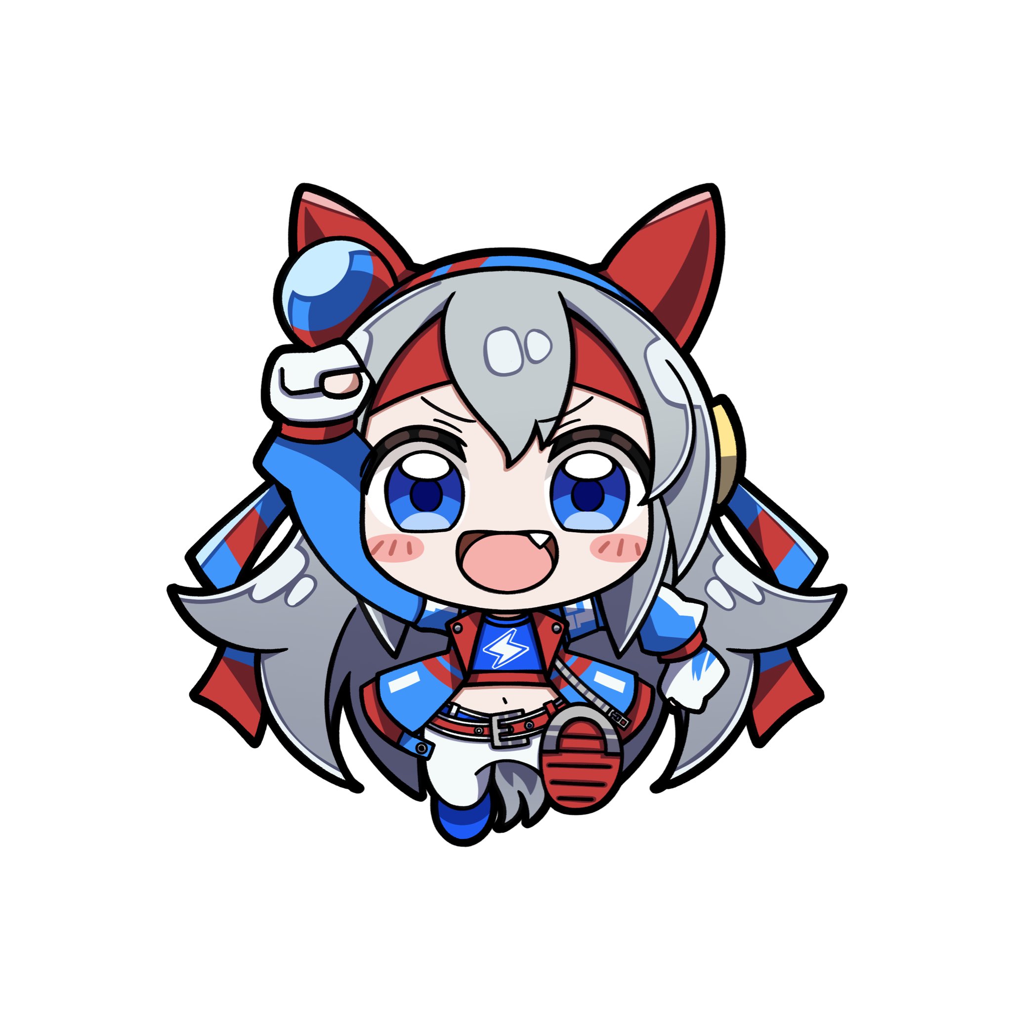 crutch elbow, tamamo cross (umamusume), tamamo cross (with lightning speed) (umamusume), umamusume, umamusume: cinderella gray, highres, 1girl, animal ears, blue hairband, blush, bow, ear bow, ear covers, ear ornament, grey hair, grey tail, hairband, headband, horse ears, horse girl, horse tail, long hair, long sleeves, red headband, shirt, smile, solo, striped clothes, striped hairband, tail