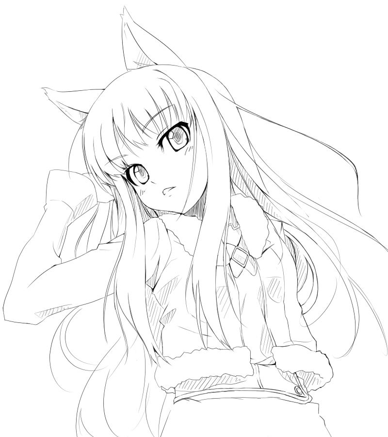 grune, holo, spice and wolf, 00s, animal ears, greyscale, hand in own hair, jacket, long hair, looking at viewer, monochrome, solo, wolf ears
