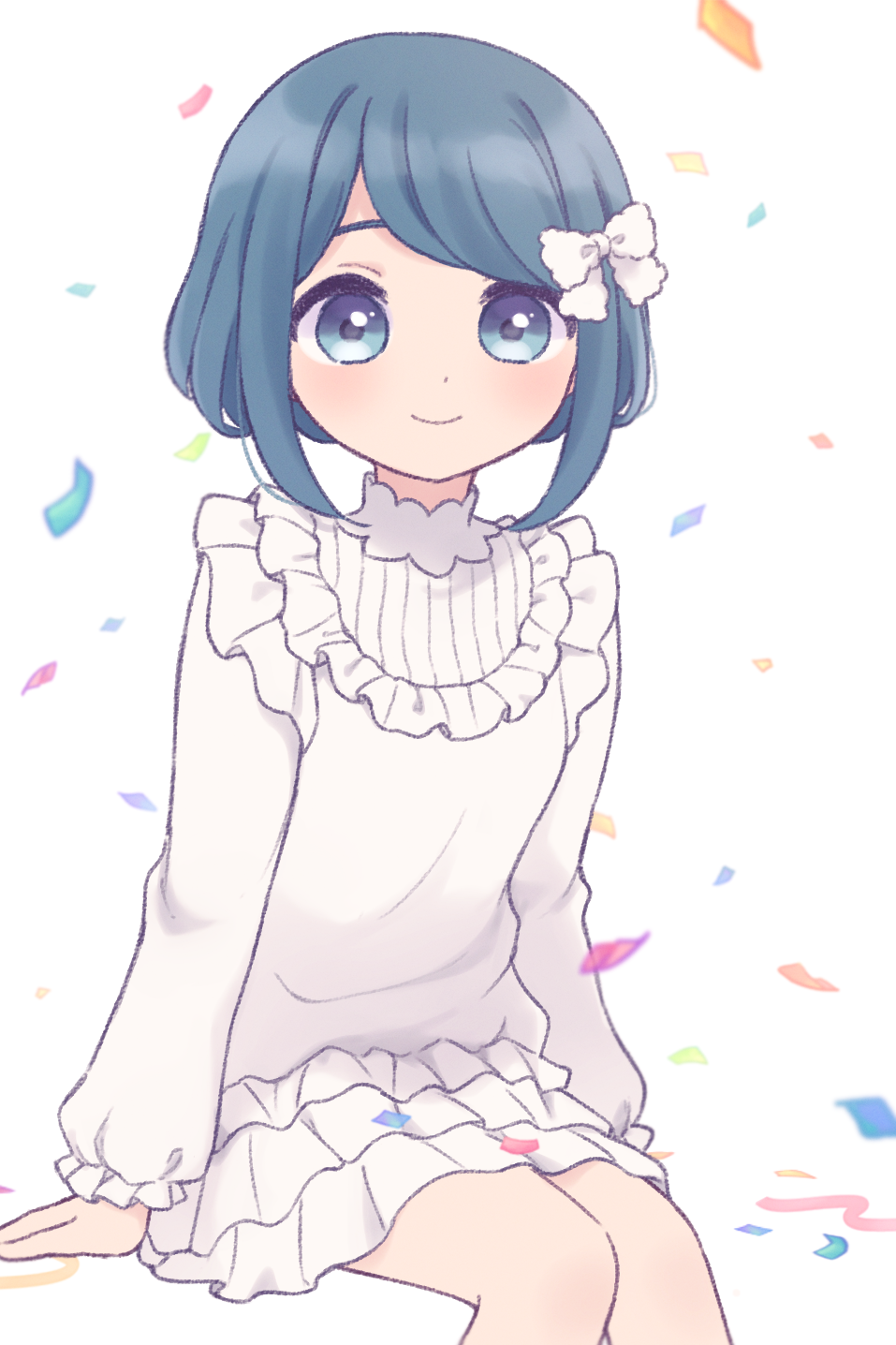 kisa yukika, fukurai azami, toshi densetsu kaitai center, highres, 1girl, alternate costume, arm support, blue eyes, blue hair, bow, closed mouth, collared dress, confetti, cowboy shot, dress, frilled dress, frills, hair bow, invisible chair, long sleeves, looking at viewer, short hair, sitting, smile, solo, swept bangs, white background, white bow, white dress